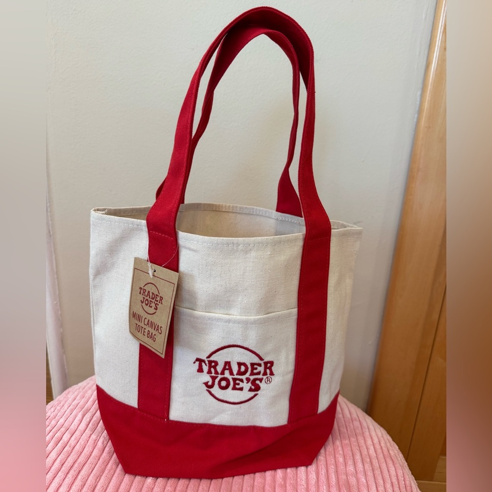 TRADER JOE’s Mini Canvas Tote Bag Red Straps Reusable Market Tote Pocket NWT